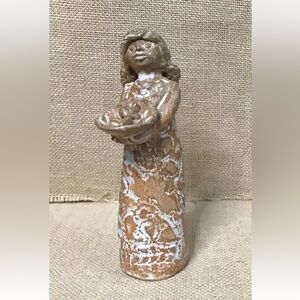 Vintage Folk Art Pottery Woman Holding Egg Basket Figurine Farm Cottage Core